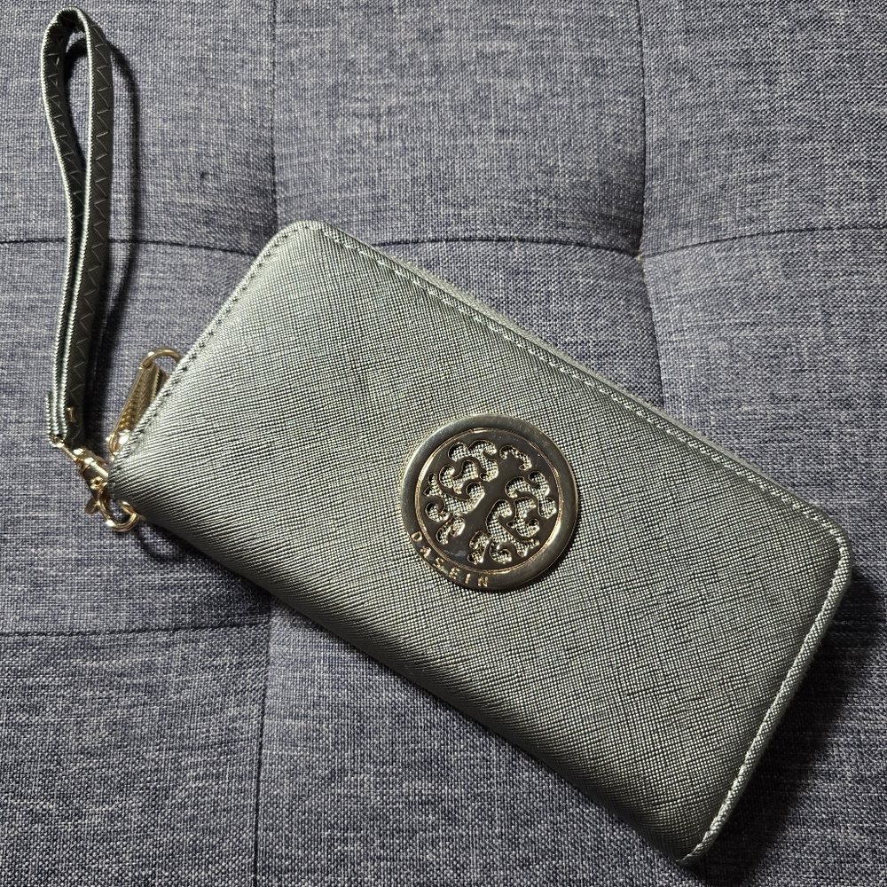 Dasein Gray & Gold Trim Vinyl Wristlet Wallet